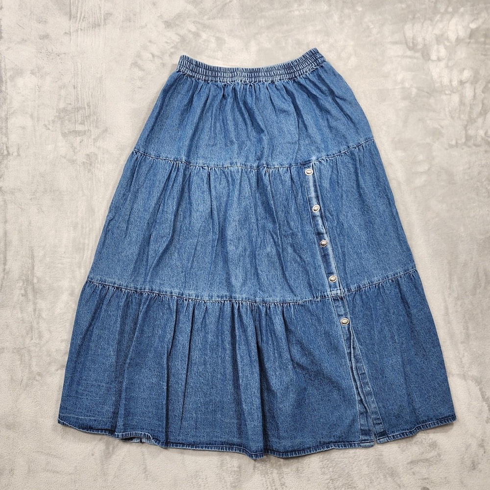 Vintage Crazy Cowgirl Skirt Women L Blue Denim Tiered Maxi Boho Western Festival